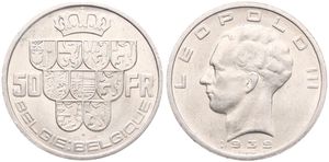 Belgium, Kingdom, Leopold III, 50 Francs Silver 1939FL/FR (Position B), Crown above nine shields, Morin 445b, A.UNC