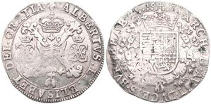 Spanish Netherlands, Albrecht & Isabella, 1 Patagon Silver 1617, Cross with crown and golden fleece and initials / Crowned arms, VH 619.BS - Brussels, A.VF 