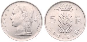 Belgium, Kingdom, Prince Charles, 5 Francs Copper-Nickel 1948FL, Head of Ceres left, Morin 522, UNC