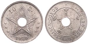 Belgian Congo, Colony, Albert I, 10 Centimes Copper-Nickel 1928/3, Center hole flanked by crowned monograms within beaded circle, KM 18, A.UNC