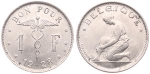 Belgium, Kingdom, Albert I, 1 Franc Nickel 1928FR, Kneeling woman left, Morin 400, XF