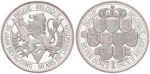 Belgium, Kingdom, Baudouin I, Medal in Silver 1994, 50th Anniversary of Liberation, Belgian lion and V 1944-1994 within circle / Crown above nine shields within circle, PROOF