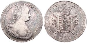 Austrian Netherlands, Maria Theresia, 1 Ducaton Silver 1754(h) R, Bust right with decolletage / Crowned ornate arms, KM 8 Antwerp, Fine+ (Position A)