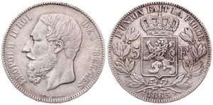 Belgium, Kingdom, Leopold II, 5 Francs Silver 1865, Bearded head left, Morin 152, SCARCE DATE !, VF