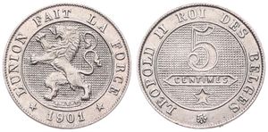 Belgium, Kingdom, Leopold II, 5 Centimes Copper-Nickel 1901FR, Rampant lion within circle left, Morin 252a, UNC