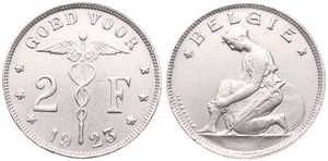 Belgium, Kingdom, Albert I, 2 Francs Nickel 1923FL, Kneeling woman left, Morin 392, A.UNC