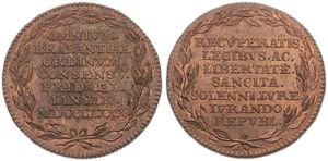 Austrian Netherlands, Medal in Copper 1790 by Theodor Van Berckel, The return of freedom in Brabant, Legend in 7 lines within wreath, A.UNC