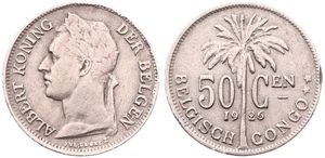 Belgian Congo, Colony, Albert I, 50 Centimes Copper-Nickel 1926, Laureate head of the King left, KM 23 Flemish Legend, VF