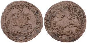 Spanish Netherlands, Charles II, Token in Copper 1681, Charles II on Horseback : Carol. II. D.G. Hisp. Et. Indiar. Rex. / Pace. Data. Haec. Det. Connexio. Frvctvm, Dugniolle 4456, XF 