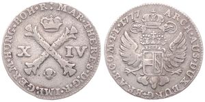 Austrian Netherlands, Maria Theresia, 14 Liards Silver 1777(b), Burgundian cross divides value, KM 18 Brussels, VF