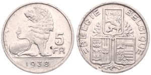 Belgium, Kingdom, Leopold III, 5 Francs Nickel 1938FL/FR (Position B), Seated lion right looking left, Morin 455d, RARE DATE, (Edge lettering with star), VF/XF