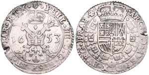 Spanish Netherlands, Philip IV, 1 Patagon Silver 1653, Cross with crown and golden fleece within circle / Crowned arms within circle, VH 645.AN - Antwerp, A.VF