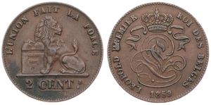 Belgium, Kingdom, Leopold I, 2 Centimes Copper 1859, Seated lion with tablet, Morin 107, XF