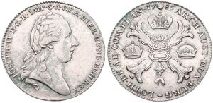 Austrian Netherlands, Joseph II, 1 Kronenthaler Silver 1785(b), Laureate bust right / Floriated cross with 3 crowns and golden fleece, KM 32 - Brussels, A.XF