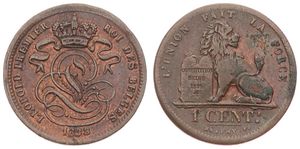 Belgium, Kingdom, Leopold I, 1 Centime Copper 1833/32, Seated lion with tablet, Morin 114a, VF