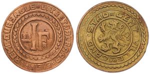 Belgium, Kingdom, Gent, 1 Frank Brass Plated Iron 1915, Emergency Issue - Rampant Lion within circle / Legend : Uitbetaalbaar op 1.1.1919, KM Tn2, XF