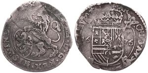 Spanish Netherlands, Philip IV, 1 Escalin Silver 1635, Rampant lion holding sword and shield of Burgundy left / Crowned arms on cross, VH 649.DO - Dole, VERY RARE !, Fine