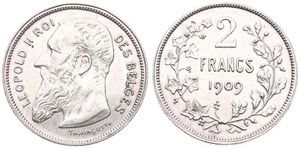 Belgium, Kingdom, Leopold II, 2 Francs Silver 1909FR, Bearded head left, Morin 196, XF