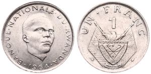Rwanda, Republic, 1 Franc Copper-Nickel 1964, Head right, KM 5, KEY DATE, XF/AU