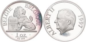 Belgium, Kingdom, Albert II, Medal (1 Oz) in Silver 1997, Seated lion with tablet / Head of King Albert II left, PROOF