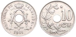 Belgium, Kingdom, Albert I, 10 Centimes Nickel-Brass 1931FR, Center hole within crowned monogram, Morin 426b, RARE VARIETY : LARGE 3 OVER SMALL 3 IN DATE, XF