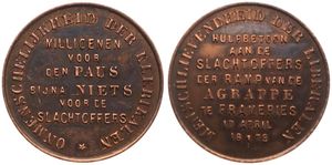 Belgium, Kingdom, Leopold II, Medal in Copper 1879, Menschlievendheid der Liberalen, Hulpbetoon aan de slachtoffers der ramp van de Agrappe te Frameries, XF 