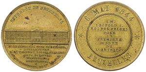 Belgium, Kingdom, Leopold I, Medal in Gilt Bronze 1844 by Hart, Entrepot de Bruxelles,  Leopold I Pose la première pierre de l'entrepot, Building and legend / Legend within circle, XF