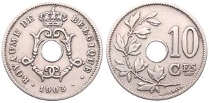 Belgium, Kingdom, Leopold II, 10 Centimes Copper-Nickel 1903FR, Center hole within crowned monogram, Morin 260, SCARCER DATE, VF
