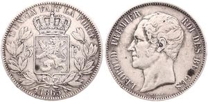 Belgium, Kingdom, Leopold I, 5 Francs Silver 1865, Bare head left, Morin 45d, VARIETY WITH DOUBLE 2ND N IN UNION !, VF