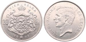 Belgium, Kingdom, Albert I, 20 Francs (4 Belgas) Nickel 1932FL (Position A), Head left, Morin 379a, XF