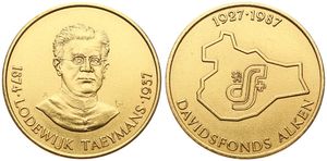 Belgium, Kingdom, Baudouin I, Alken / Davidsfonds - Medal in Bronze 1987, Bust of Lodewijk Taeymans facing / 1927-1987 Davidsfonds Alken, GMJ E.179a, SCARCE, UNC