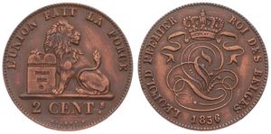 Belgium, Kingdom, Leopold I, 2 Centimes Copper 1856, Seated lion with tablet, Morin 104a, XF