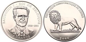 Congo Democratic Republic, Republic, 5 Francs Copper-Nickel 2000, King Baudouin I facing, KM 121, UNC