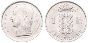 Belgium, Kingdom, Baudouin I, 1 Franc Copper-Nickel 1967FR, Head of Ceres left, Morin 624, UNC