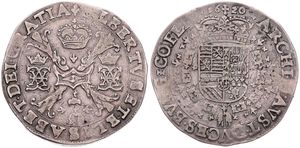 Spanish Netherlands, Albrecht & Isabella, 1 Patagon Silver 1620/19, Crown above cross and monograms / Crowned arms with collar, VH 619.BG - Bruges, A.VF