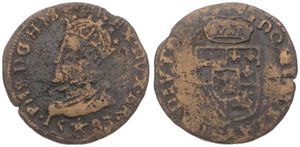 Spanish Netherlands, Philip II, 1 Oord Yellow Copper 1583, Crowned bust left / Crowned arms, VH 321.MA - Maastricht, Fine