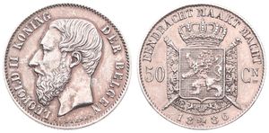 Belgium, Kingdom, Leopold II, 50 Centimes Silver 1886FL, Bearded head left, Morin 185, UNC