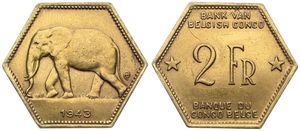 Belgian Congo, Colony, Leopold III, 2 Francs Brass 1943, African Elephant left, KM 25, XF