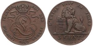 Belgium, Kingdom, Leopold I, 5 Centimes Copper 1849, Seated lion with tablet, Morin 76b, SCARCE VARIETY WITH LARGE DATE, VF/XF