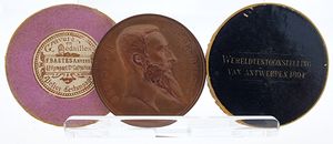Belgium, Kingdom, Leopold II, Medal in Bronze 1894 by J. Baetes, World Exhibition in Antwerp, Head of Leopold II right / City arms above globe within beaded circle, UNC 