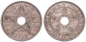 Congo Free State, Royal Domain, Leopold II, 20 Centimes Copper-Nickel 1908, Center hole flanked by crowned monograms within beaded circle, KM 11, XF