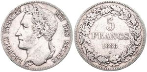 Belgium, Kingdom, Leopold I, 5 Francs Silver 1838, Laureate head left, Morin 11b Postion B, EXTREMELY RARE KEY DATE !, VF
