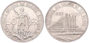 Belgium, Kingdom, Leopold III, 50 Francs Silver 1935FR (Position A), 100th Anniversary of Belgian Railways & World Exhibition in Brussels, Morin 442a, A.UNC