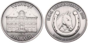 Belgium, Kingdom, Baudouin I, Torhout - 100 Thoraldi in Patinated Alpaca 1983, Horse head and horseshoe / View on the City Hall, GMJ 1983/277b, SCARCE, UNC