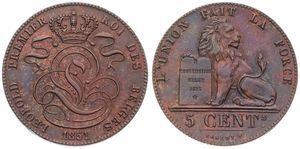 Belgium, Kingdom, Leopold I, 5 Centimes Copper 1851, Seated lion with tablet, Morin 78, WITH SMALL 5 IN DATE, A.UNC