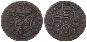 Liege, Bishoperic, John Theodore, 2 Liards Copper 1752, Crowned ams over sword and scepter / Cross of shields - dates in angles, KM 158, A.VF