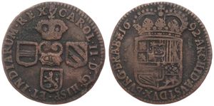 Spanish Netherlands, Charles II, 1 Oord Copper 1692, Crowned title and three shields / Crowned arms, VH 723.AN - Antwerp, VF