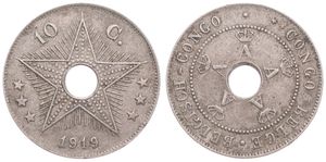 Belgian Congo, Colony, Albert I, 10 Centimes Copper-Nickel 1919, Center hole flanked by crowned monograms within beaded circle, KM 18, VF (Struck at Heaton / Birmingham)