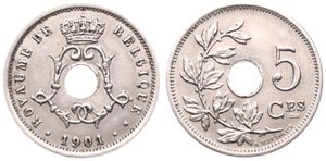 Belgium, Kingdom, Leopold II, 5 Centimes Copper-Nickel 1901FR, Center hole within crowned monogram, Morin 268, RARE KEY DATE, A.UNC