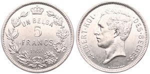 Belgium, Kingdom, Albert I, 5 Francs (1 Belga) Nickel 1930FR (Position B), Head left, Morin 382b, A.UNC